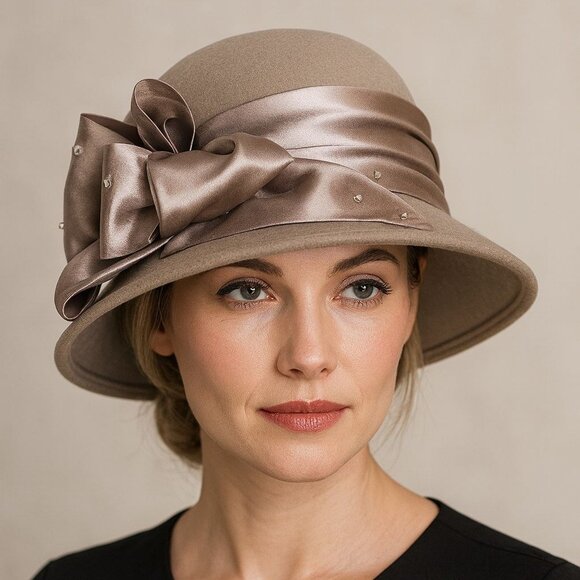 August Accessories Wool Cloche Hat Taupe Luxe Satin Sequin Beaded Bow Church - Picture 1 of 14